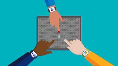 Illustration of 3 hands pointing at the number 5 on a tablet screen representing collaboration between Chevron, SLB and Microsoft.